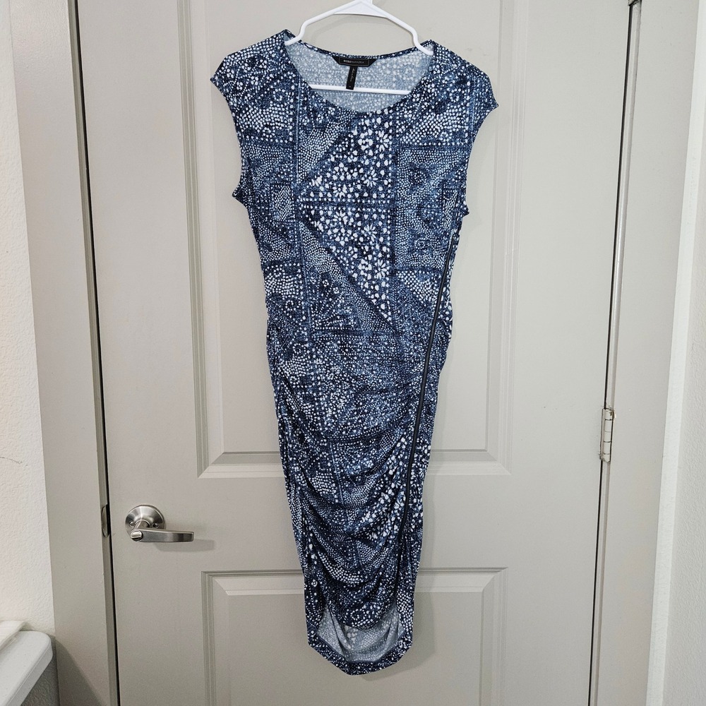 BCBGMAXAZRIA Womens Blue White Geometric Print Ruched Side Zip Sheath Dress M